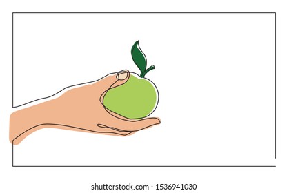 continuous line drawing of hand giving apple