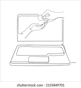 continuous line drawing hand giving and receiving coin on laptop symbol for digital charity or payment illustration