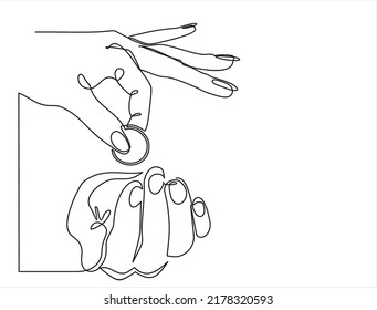 Continuous line drawing of hand giving money coin to give charity donate. Vector illustration