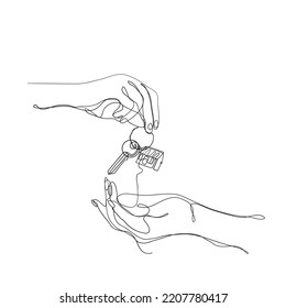 continuous line drawing hand giving key house symbol for real estate illustration