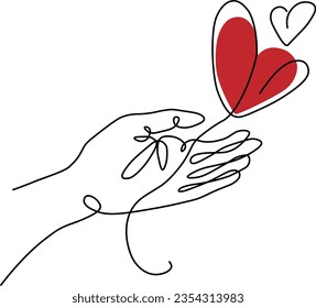 Continuous line drawing hand giving hearts  Vector line art hand illustration  Giving love sketch 