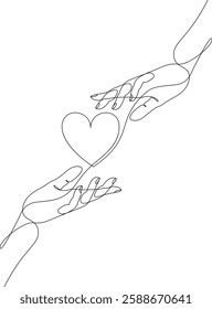 Continuous line drawing of hand giving heart. Single line design for Valentine's Day greeting cards, birthday or love greetings for couples. Human arm holding heart in doodle style.