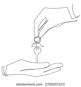 Dibujo de línea continua de la mano que da las llaves al coche o apartamento. Líneas negras sobre fondo blanco.