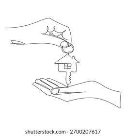 Dibujo de línea continua de la mano que da las llaves al coche o apartamento. Líneas negras sobre fondo blanco.