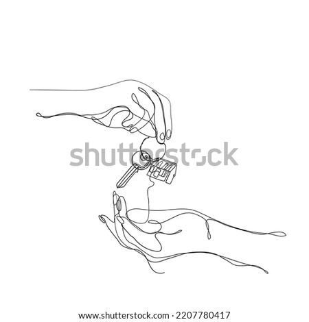 continuous line drawing hand giving key house symbol for real estate illustration