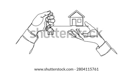 Continuous line drawing of a hand giving house keys to another person representing the successful purchase of a new home Vector, illustration