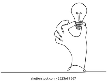Continuous line drawing of a hand gripping a light bulb. Symbolizes the power of ideas and innovation in a minimalist style.