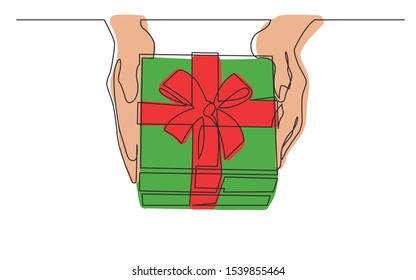 continuous line drawing of hand hands giving gift box
