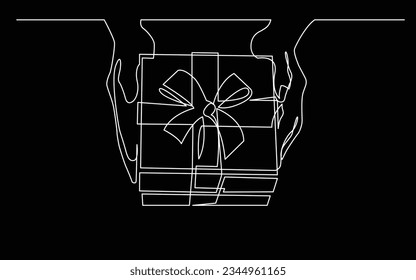 continuous line drawing of hand hands giving gift box