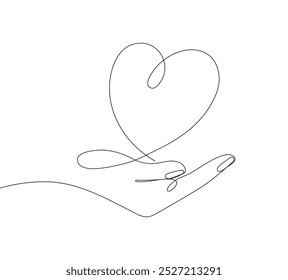 continuous line drawing of a hand with a heart in the center, symbolizing charity, kindness, and support.