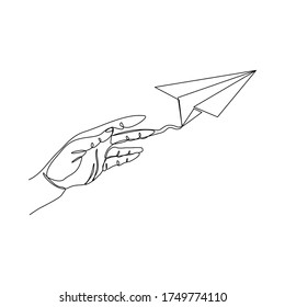 Continuous line drawing of hand hold and throw paper airplane. vector illustration business concept