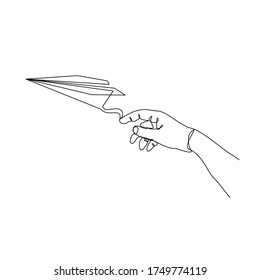Continuous line drawing of hand hold and throw paper airplane. vector illustration business concept