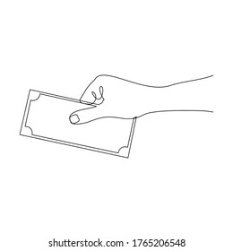 Continuous line drawing of hand hold money to give charity or pay something. Vector illustration
