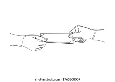 Continuous line drawing of hand hold money to give charity or pay something. Vector illustration