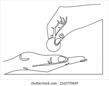 Continuous line drawing of hand hold money coin to give charity donate or pay something. Vector illustration