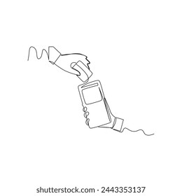 continuous line drawing of hand hold credit card on a POS payment terminal. Business and finance activates concept.