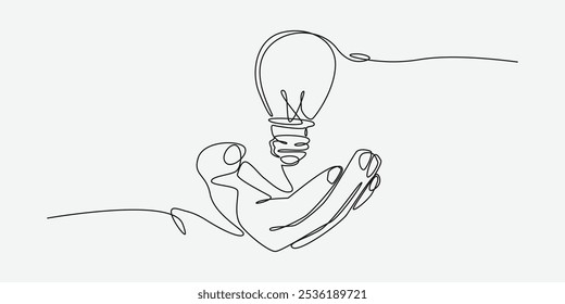 Continuous line drawing of hand hold light bulb. Concepy of idea. Editable line vector illustration.