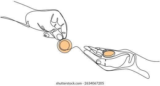 Desenho de linha contínua de mão segurar moeda de dinheiro para dar caridade doar ou pagar algo. Ilustração vetorial, Mão mantém moeda contínua uma linha desenhando a poupança de arte e investimento conceito de dinheiro, Um