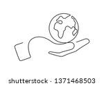 Continuous line drawing of hand holding a small globe. Vector illustration