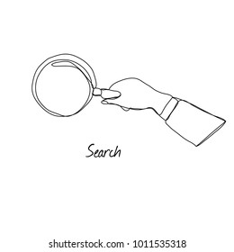 Continuous line drawing. Hand holding a magnifying glass. Research tool concept. stock vector