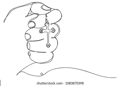 continuous line drawing of a hand holding a crucifix necklace pendant vector illustration.