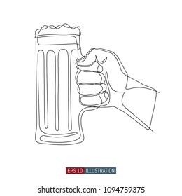 Continuous line drawing of hand holding beer glass. Template for your design works. Hand drawn vector illustration.