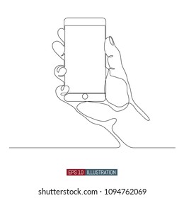 Continuous line drawing of hand holding abstract smart phone. Template for your design works. Vector illustration.