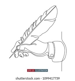 Continuous line drawing of hand holding feather. Template for your design works. Vector illustration.