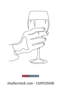 Continuous line drawing of hand holding wine glass. Template for your design. Vector illustration.