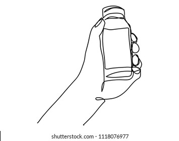continuous line drawing of a hand holding a bottle of water, vector illustration.