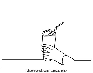 continuous line drawing of hand holding a glass of cocktail vector illustration