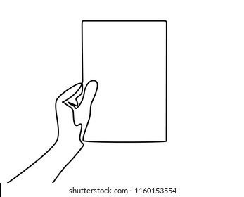 Continuous line drawing Hand holding a blank A4 sheet of paper. 