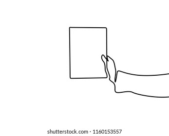 Continuous line drawing Hand holding a blank sheet of paper with copyspace.