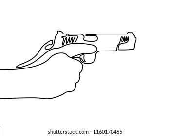 Continuous line drawing hand holding the gun. Vector.