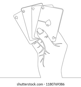 Continuous line drawing Hand holding four aces linear icon Playing cards Contour symbol Vector isolated outline drawing vector illustration Concept