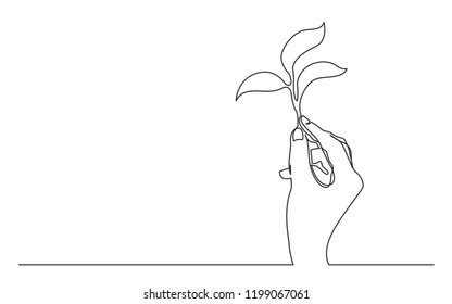 continuous line drawing of hand holding growing plant