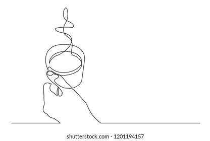 continuous line drawing of hand holding cup of hot coffee