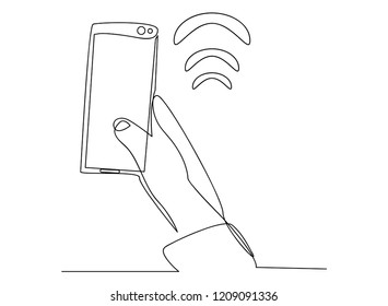 continuous line drawing of hand holding mobile Modern Technology Concepts