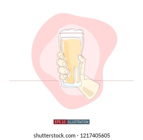 Continuous line drawing of hand holding beer glass. Template for your design works. Hand drawn vector illustration.