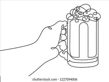 Continuous Line Drawing Of Hand Holding Beer Glass.