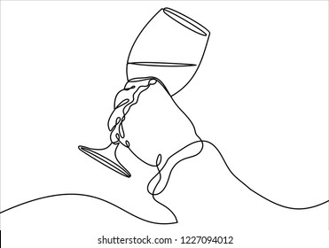 Continuous line drawing of hand holding glass. Template for your design. Vector illustration.