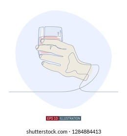 Continuous line drawing of hand holding glass. Template for your design. Vector illustration.