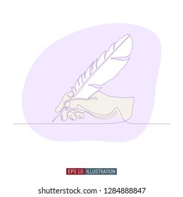 Continuous line drawing of hand holding feather. Template for your design works. Vector illustration.