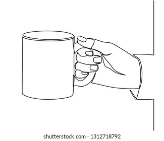 Continuous line drawing of hand holding a mug isolated on white background. Vector