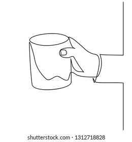 Continuous line drawing of hand holding a mug isolated on white background. Vector