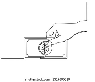 continuous line drawing of hand holding paper money, business concept in wealthy, dollar, cash, payment, or trading. Vector