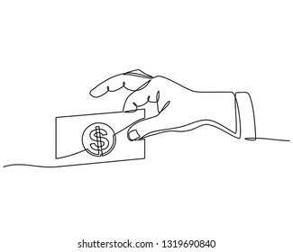 continuous line drawing of hand holding paper money, business concept in wealthy, dollar, cash, payment, or trading. Vector
