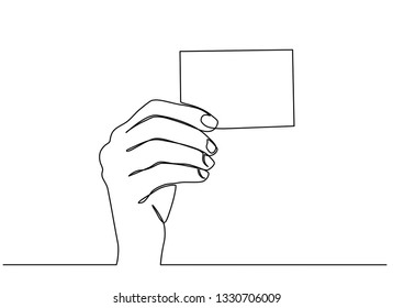 Continuous line drawing of a hand holding a card isolated on white background. Business card showing. Vector