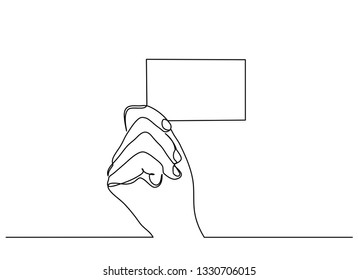 Continuous line drawing of a hand holding a card isolated on white background. Business card showing. Vector
