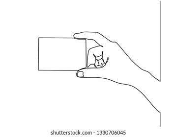 Continuous line drawing of a hand holding a card isolated on white background. Business card showing. Vector